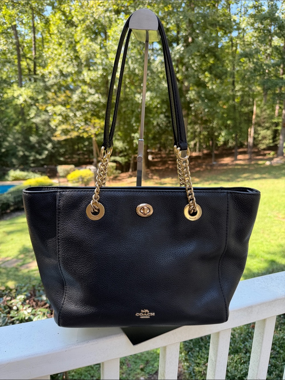 Coach Black Pebbled Leather Turn Lock Tote with Gold Chain Straps